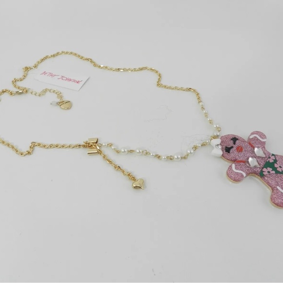BETSEY JOHNSON Holiday Glitter Gingerbread Girl Pendant Long Necklace Pink NWT - Picture 3 of 5
